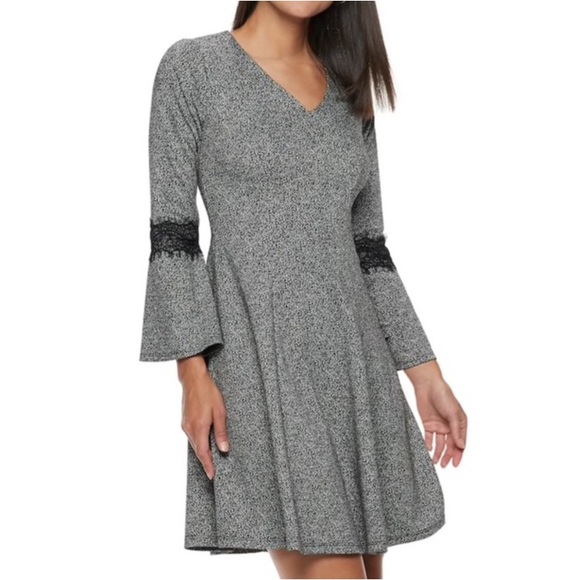 NWT ELLE Boho Long Bell Sleeve Fit and Flare Lace Trim Heathered Gray Dress - Picture 7 of 13